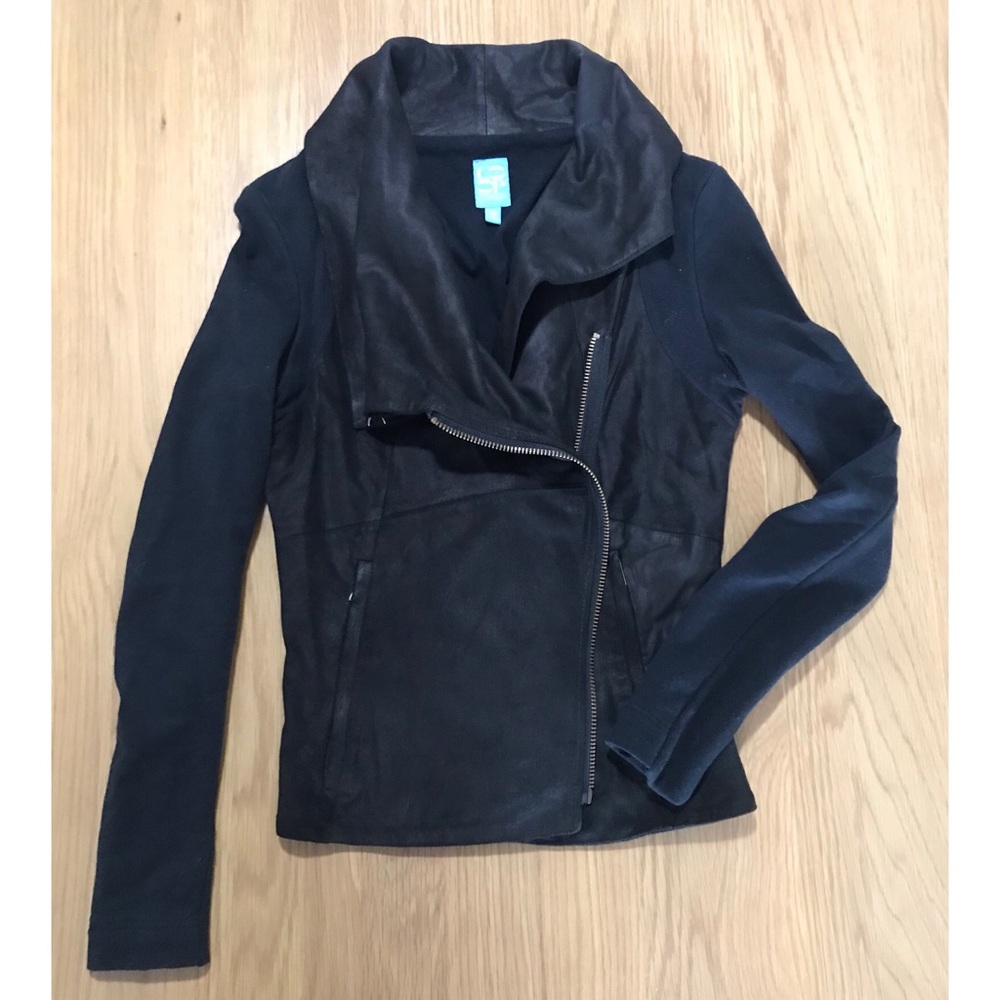 Barneys Newyork COOP leather jacket with knit trim